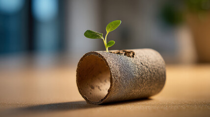 A small plant sprout growing from a recycled tube