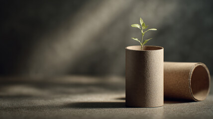 A plant sprouting from a recycled tube, symbolizing growth and sustainability