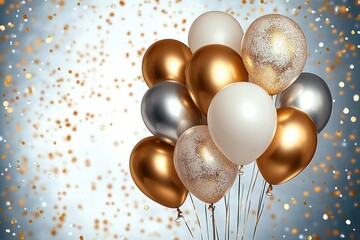 cluster of metallic gold, silver and white balloons with glitter speckles and strings against a sparkling confetti background, evoking an elegant festive celebration