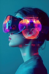 Profile of a person wearing a glowing virtual reality headset with neon holographic overlays and glitch light effects, evoking immersive wonder and futuristic curiosity