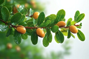 Close-up of a dewy green branch with glossy oval leaves and small golden fruits, water droplets sparkling, vibrant and serene nature scene