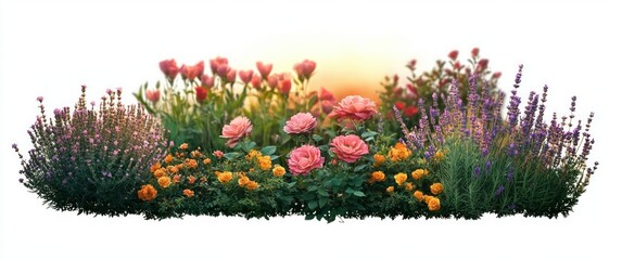 Cheerful garden border of pink roses, orange rose clusters, purple lavender and red tulips glowing in warm sunrise light