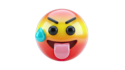 Fototapeta premium Angry Emoji with Tongue Out and Sweat Drop on White Background