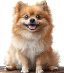 Obraz premium fluffy small dog with thick golden cream fur sitting on a wooden surface against a white background, appearing calm and content
