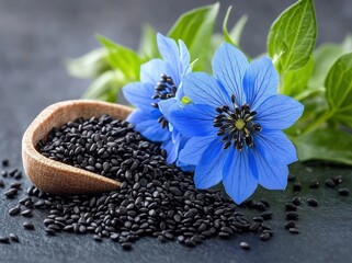 vibrant blue nigella flowers with glossy black seeds spilling from a wooden scoop on a dark surface, fresh natural serene still life
