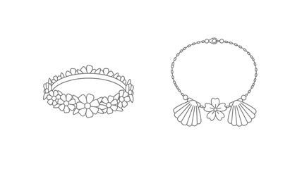 Floral jewelry design sketches a tiara and necklace black and white silhouette © Taylor