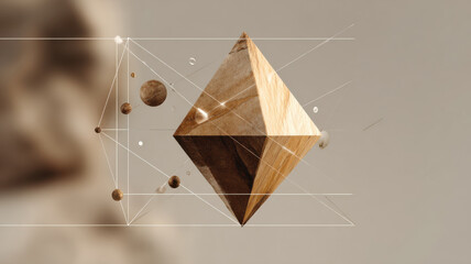 Geometric wooden structure and floating elements against a blurred backdrop, emphasizing spatial relationships and interconnectedness.