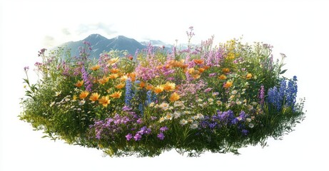 Vibrant alpine wildflower meadow of orange daisies, purple lupines, blue delphiniums and pink phlox among green grass with a distant mountain and pale sky, peaceful and joyful