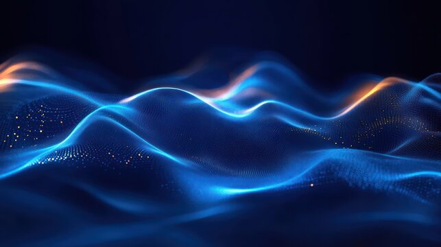 glowing blue digital waves with golden particle highlights on a dark background, a calm futuristic and mesmerizing flowing landscape