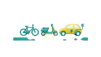 Electric Vehicles: Bicycle, Scooter, and Car on White Background