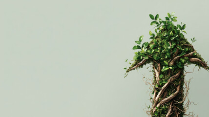 An upward arrow formed from lush green leaves and roots, symbolizing growth and progress