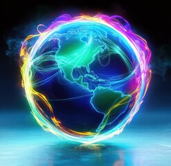 Glowing neon globe showing the Americas wrapped in swirling multicolored energy ribbons, floating above a reflective surface &mdash; vibrant, futuristic, dynamic and electrifying