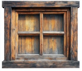 Weathered wooden window with four recessed panels and thick rustic frame, warm sunlit patina evoking nostalgic farmhouse charm