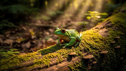 Vibrant Green Frog Perched on Mossy Log in Sunlit Forest.