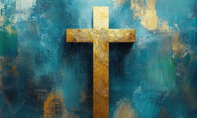 Large gold cross centered on a textured teal and turquoise painted canvas with metallic accents and impasto brushstrokes, evoking a solemn, serene, reverent mood