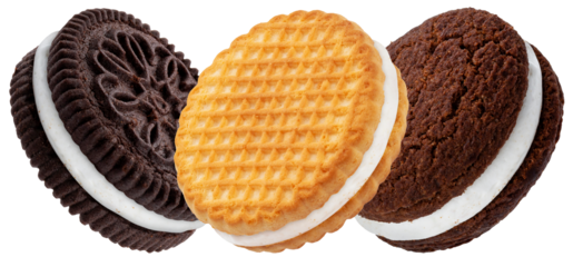 delicious chocolate and golden sandwich cookies photograph featuring creamy white filling and intricate designs on a dark background for culinary projects.