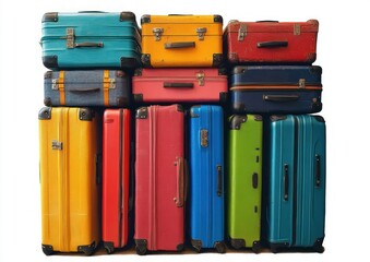 Stack of colorful vintage and modern suitcases and rolling luggage arranged in rows, bright hues and worn corners evoking playful travel excitement and nostalgia