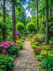 A serene stone path leads through a lush entrance to an herb garden with tall trees and vibrant flowers surrounding it