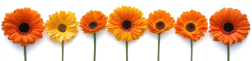 row of seven bright orange and yellow gerbera daisies on green stems against a white background, cheerful and fresh © Aleksandra