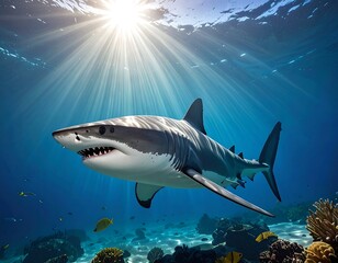 Fototapeta premium Large predatory shark swims through sunlit ocean waters