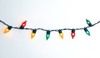 Colorful string of red, green, and yellow holiday lights on a twisted dark cord against a clean white background, cheerful warm glow