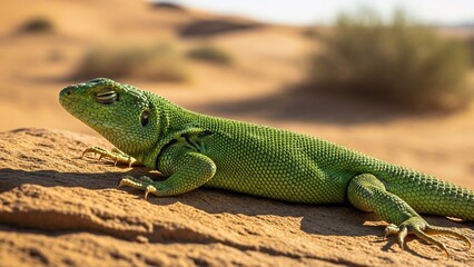 Fototapeta premium Vibrant Green Lizard Basking on a Sun-Drenched Rock in a Desert Landscape.