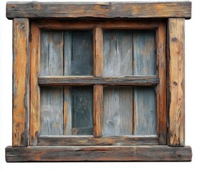 weathered rustic wooden four-pane window with blue-gray panels and warm orange-brown frame, aged nostalgia and quiet charm