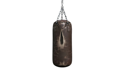 Damaged punching bag hanging from a chain against a black background