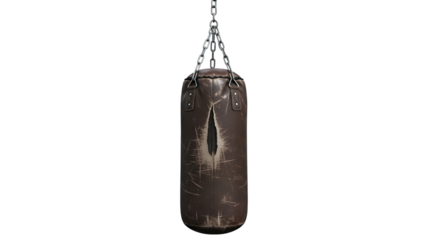 Damaged punching bag hanging from a chain against a black background