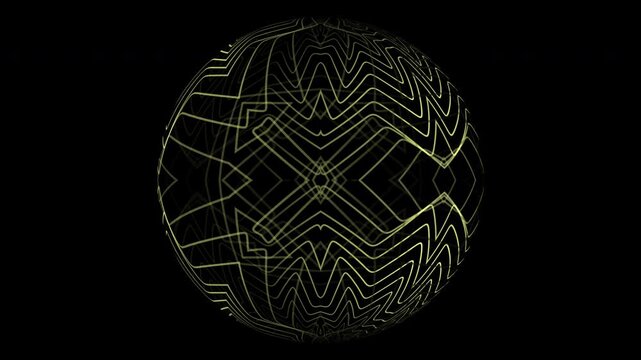 Abstract dark sphere featuring yellow geometric line pattern with subtle glow on black background.