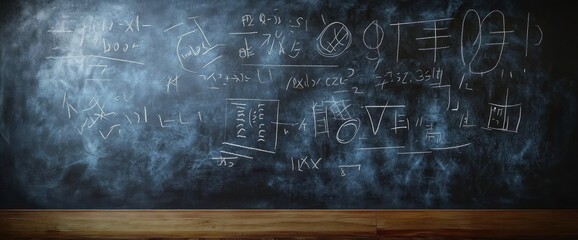 Worn chalkboard covered in white chalk equations, geometric diagrams and scribbled symbols above a wooden ledge, evoking focused, thoughtful academic study