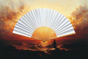 Solitary silhouette wading in a fiery ocean at sunset beneath an enormous white folding fan, dramatic golden clouds and glowing waves evoking awe and contemplation