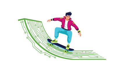 Fototapeta premium Young Skater Boy Riding Digital Circuit Board Ramp Expressing Technology and Extreme Sports Fusion