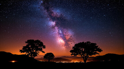 A mesmerizing celestial panorama of the Milky Way inspiring deep wonder over tranquil mountains and