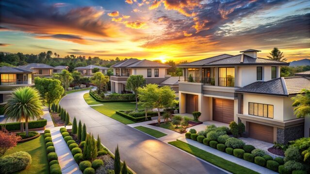 Luxurious gated community with modern homes and lush greenery