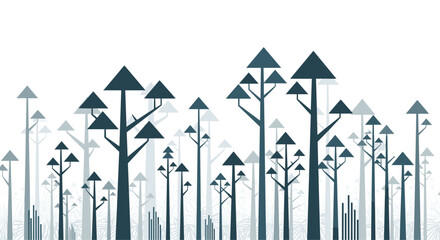 Minimalist graphic representation of a serene forest landscape, showcasing abstract trees with triangular foliage in cool blue tones.