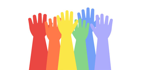 Obraz premium People raising rainbow hands. Community, support, diversity, care, society, peace, LGBTQIA concept. Suitable for posters, banners, and brochures. Flat people vector design isolated illustration.