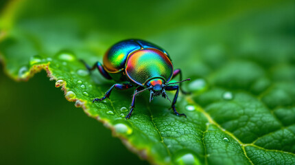 Dazzling iridescent beetle a jewel of nature gleams with rainbow colors on a lush green leaf macro