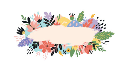 Fototapeta premium Playful and vibrant abstract floral frame with a pastel pink brushstroke banner, featuring whimsical flowers and leaves on a white background.