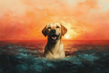 smiling yellow dog in ocean waves at sunset with warm golden sky and serene joyful expression