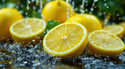 Vibrant yellow lemons and slices showered creating a refreshing and zesty natural scene with clear