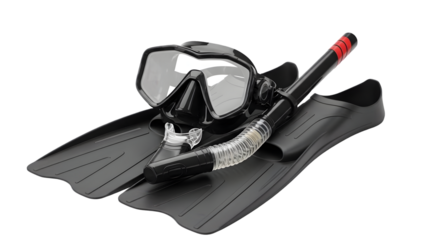 Black scuba diving mask and fins isolated on a dark background for underwater exploration