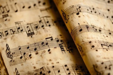 Naklejka premium aged stained sheet music with curled pages, printed musical notes and treble clefs, closeup texture evoking nostalgic vintage and sentimental mood