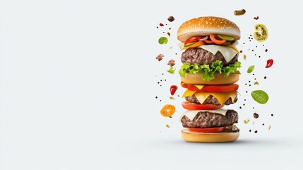 a delicious burger with a perfectly toasted bun, a juicy patty, melted cheese, crisp lettuce, fresh tomato slices, and a dollop of ketchup and mustard. The burger is stacked high and looks juicy