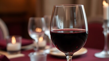 infamy. Crystal wine glass on elegant table setting with rich burgundy tones. bar promotions, beverage menus, designed for food & beverage menus and cafe branding, used by photographers.