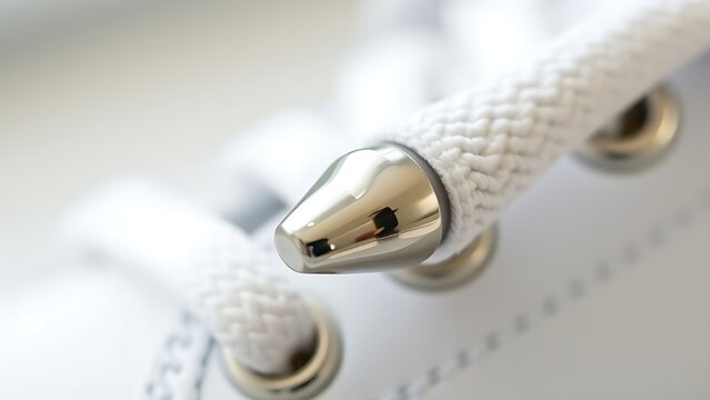 osmium. Polished metal aglet at the end of a white shoelace with metallic texture. lifestyle magazines, social media lookbooks, designed for lifestyle magazines and social media content.