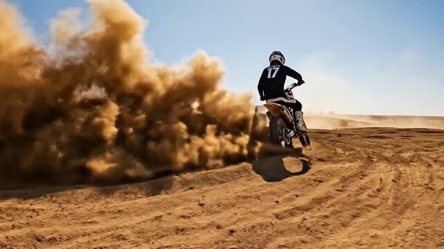 Dirt bike rider accelerating, massive dust cloud, extreme sport.