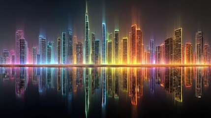 Obraz premium Neon skyscraper business skyline with glowing outlines, digital city lights, and futuristic corporate environment visuals for urban business themes