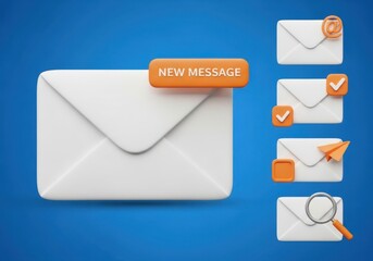 Digital mail communication icons featuring envelopes and notification badges