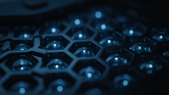 Close-up Futuristic Hexagonal Grid with Blue Glowing Lights Dynamic Macro View